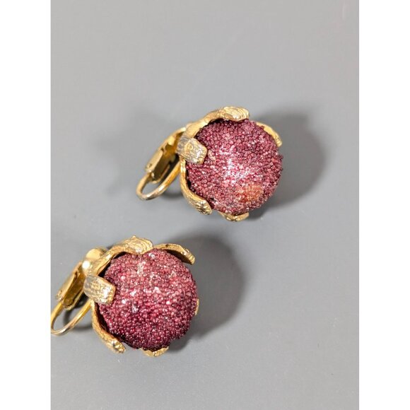 Vintage Raspberry Pink Sugared Round Clip On Earrings Gold Tone MCM Bold - Picture 4 of 9